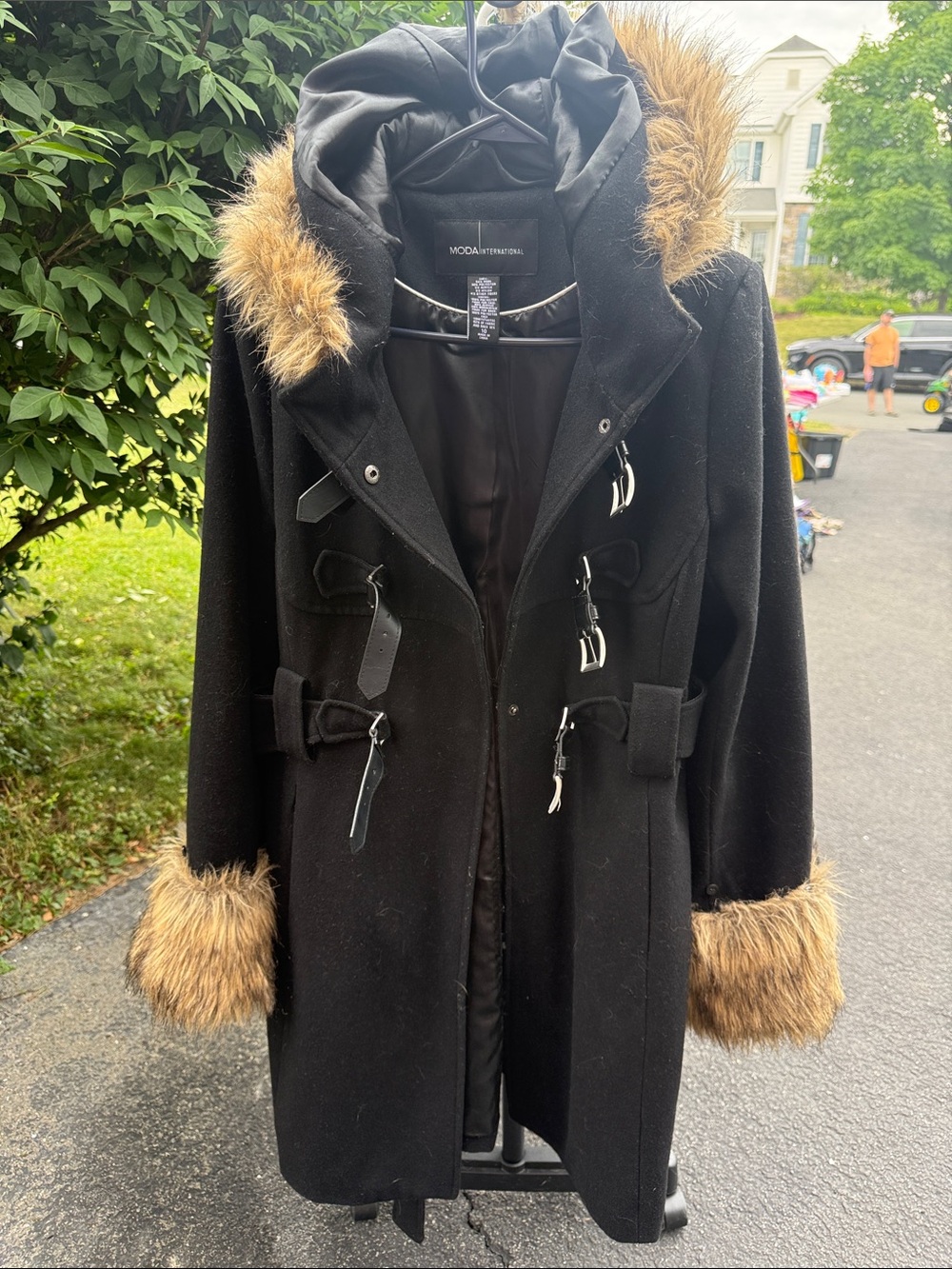 Moda International Black Wool Blend Toggle Pea Coat with Faux Fur Trim
